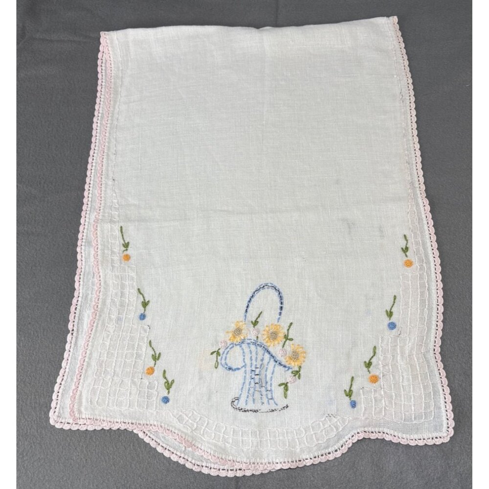 Hand Embroidered Linen Table Runner Flowers & Pink Lace Trim 38x14"